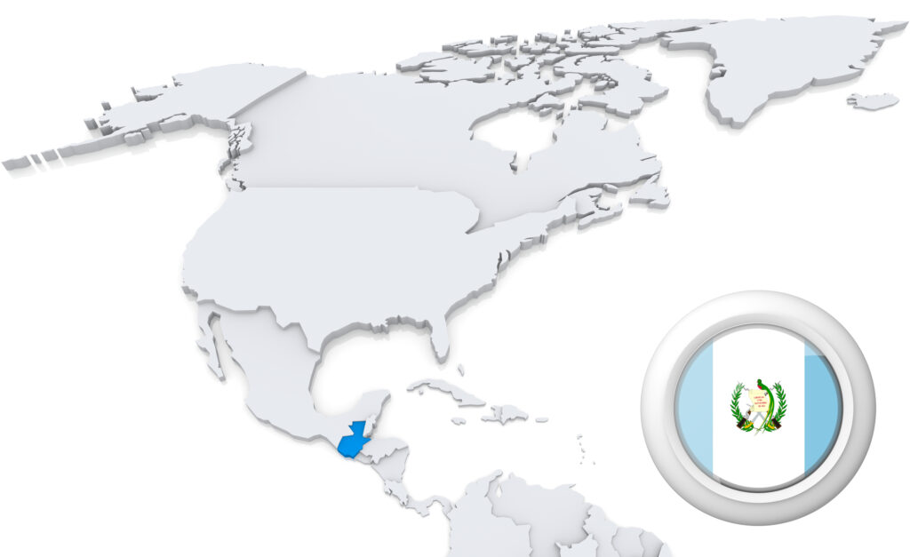 A 3D map of North America with Guatemala highlighted in blue and a circular inset featuring the flag of Guatemala.