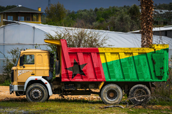 A truck, colored like the Guinea-Bissau flag, is parked by a palm tree with greenhouses behind it.