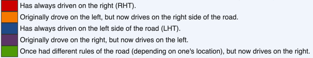 An image displaying a color-coded chart with text describing driving habits in different regions, specifically which side of the road is used.