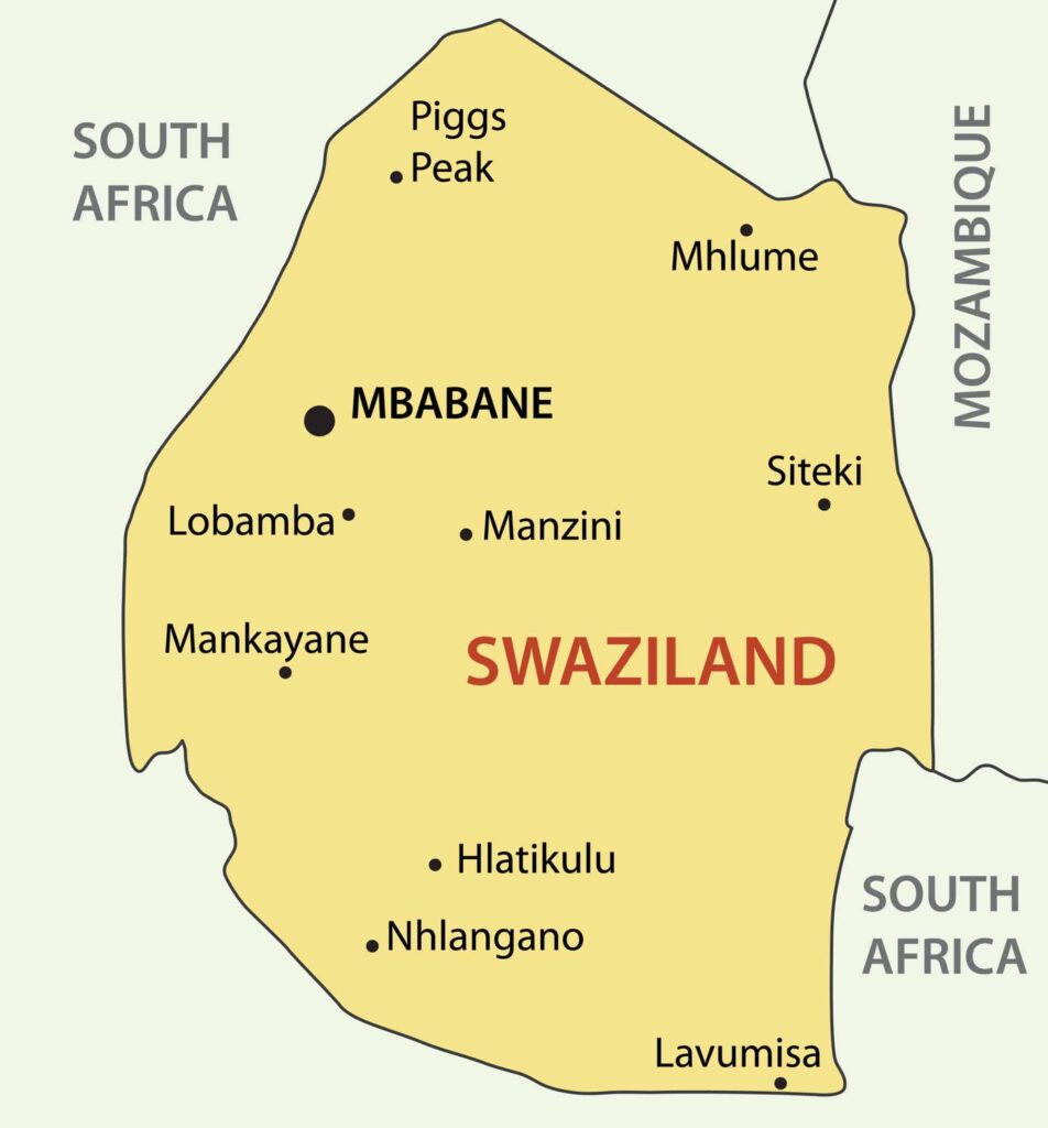 A map showing the country of Swaziland in yellow with surrounding areas in white, with major cities marked, bordered by South Africa and Mozambique.