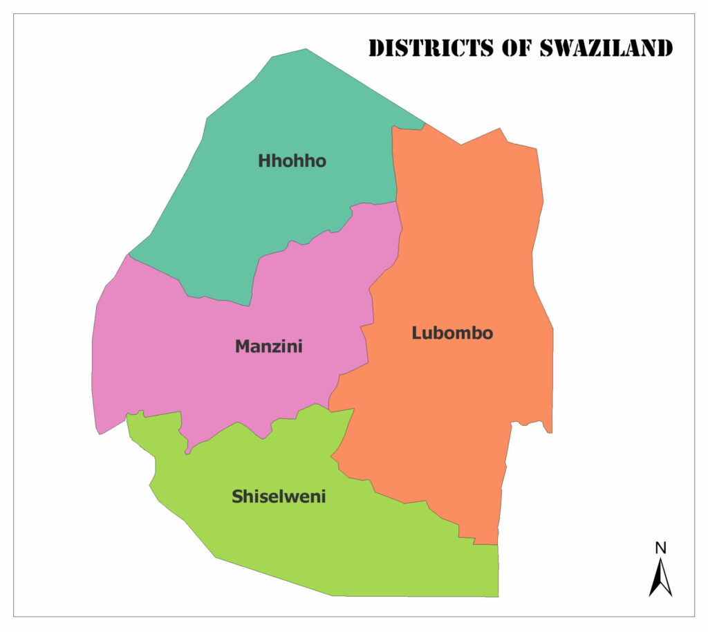 A color-coded map showing the four districts of Swaziland: Hhohho, Manzini, Lubombo, and Shiselweni, with a compass indicating north.