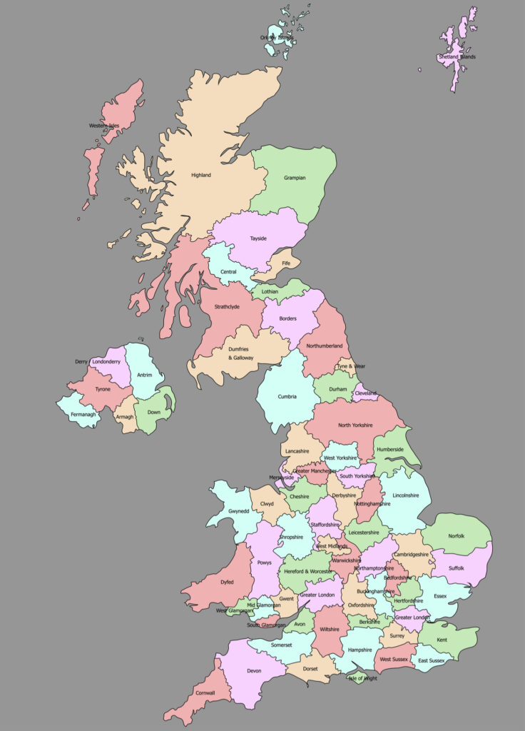 A colorful political map of the UK, with countries and regions outlined and labeled on a grey background.