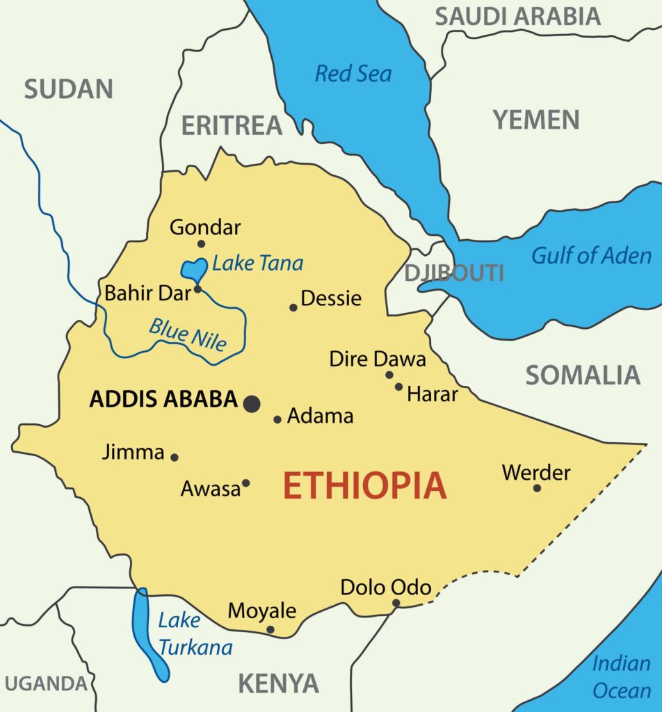 A map highlighting the country of Ethiopia in yellow with surrounding countries and major cities labeled.