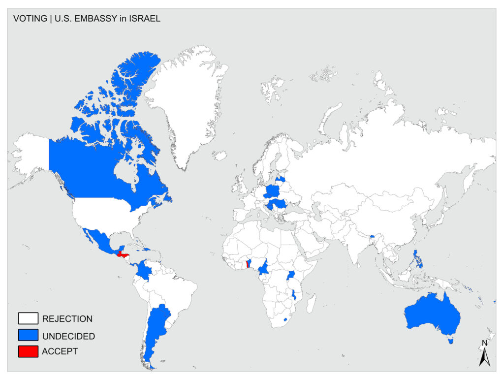 A color-coded map shows countries' views on the U.S. Embassy's relocation in Israel: rejection, undecided, or acceptance.