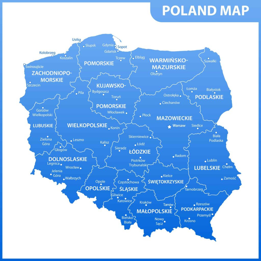 A map of Poland highlighting its various regions in blue with their names in white text.