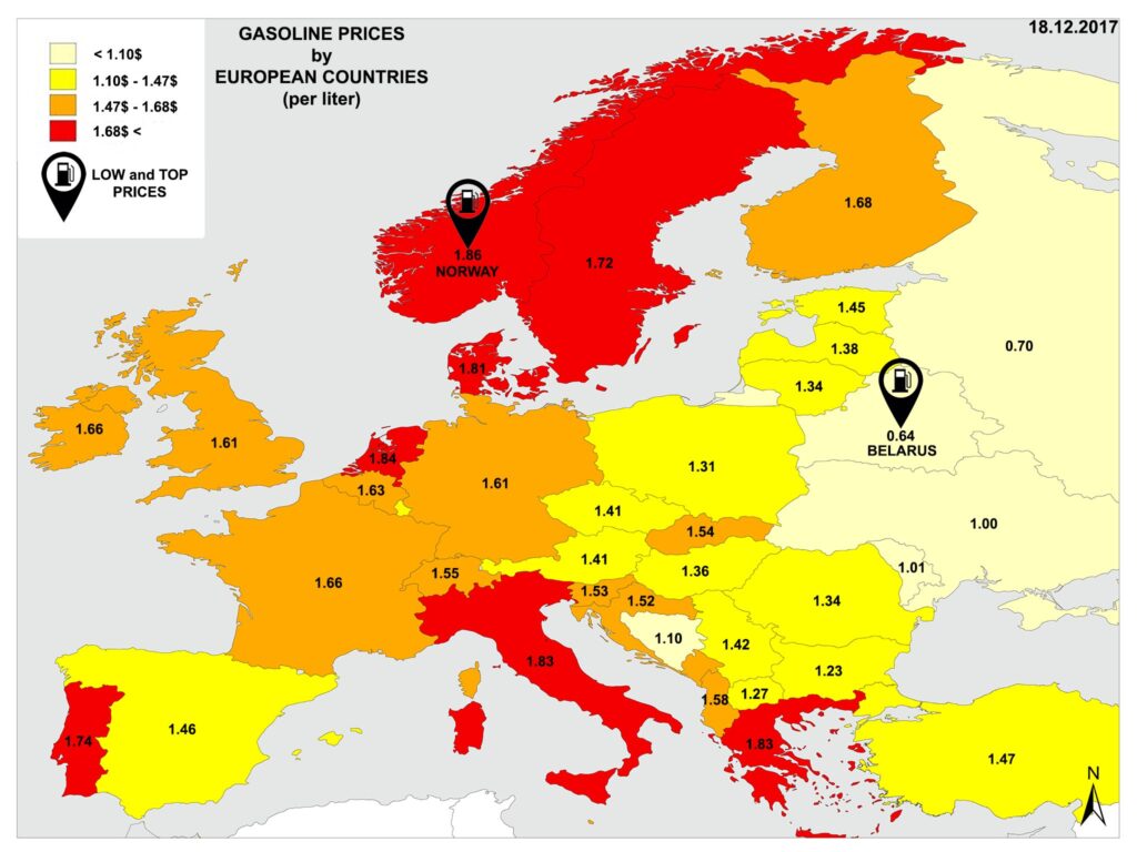 EU gasoline price in 2017 - historical price map