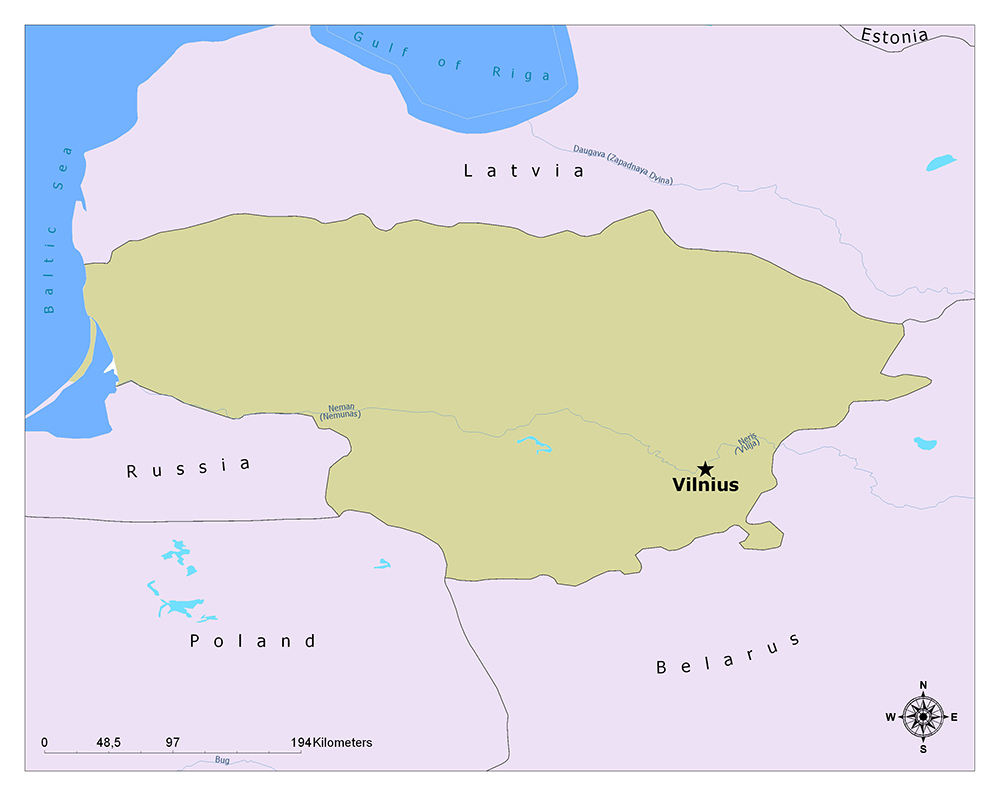 A colored political map of Lithuania with surrounding countries, major cities, and bodies of water labeled. The capital city Vilnius is marked.