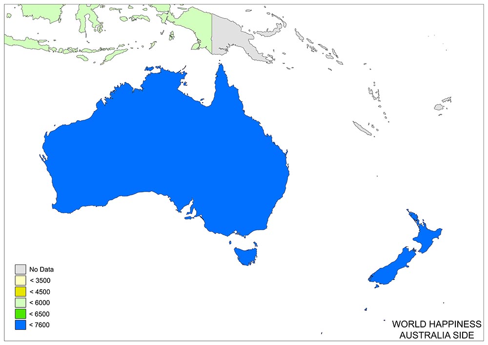 A map displays Australia and New Zealand's happiness levels with a color gradient legend, titled "WORLD HAPPINESS AUSTRALIA SIDE".