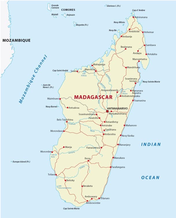 A low-resolution map of Madagascar showing various cities, roads, and geographical features.