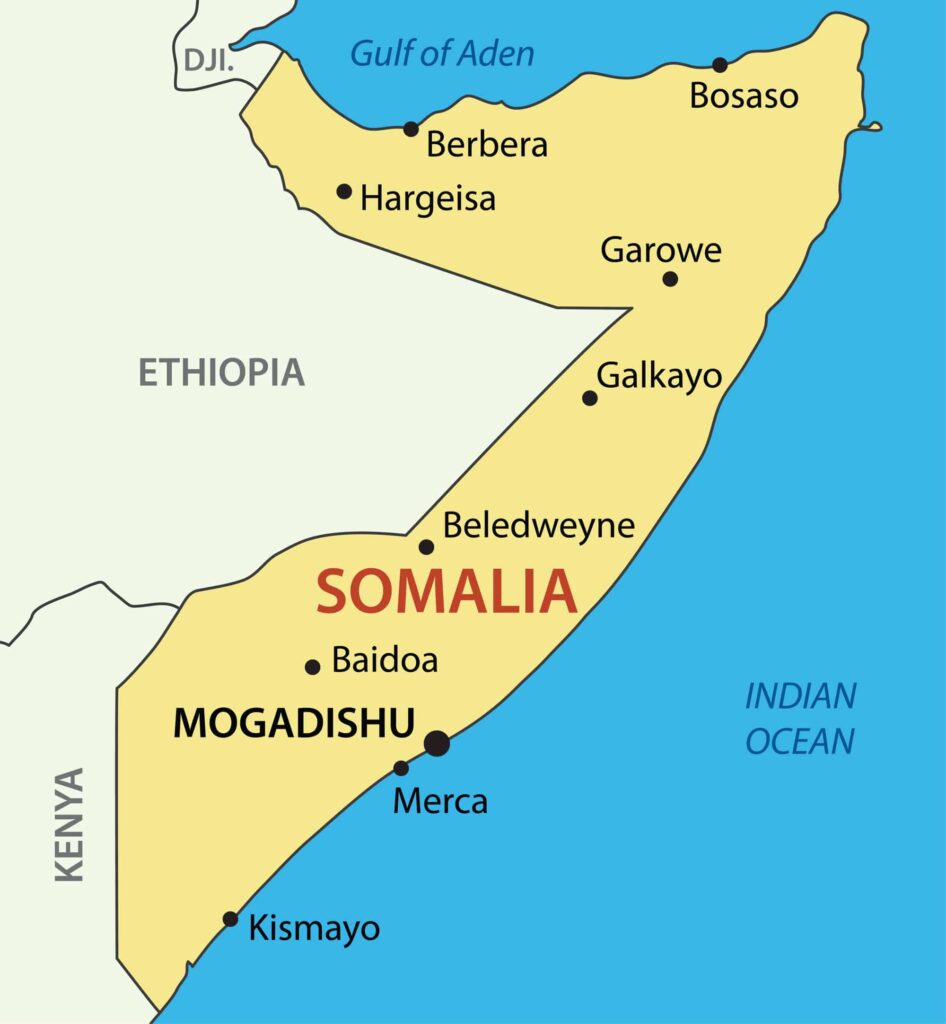 A map showing the country of Somalia in yellow with major cities marked, bordered by Ethiopia, Kenya, the Gulf of Aden, and the Indian Ocean.