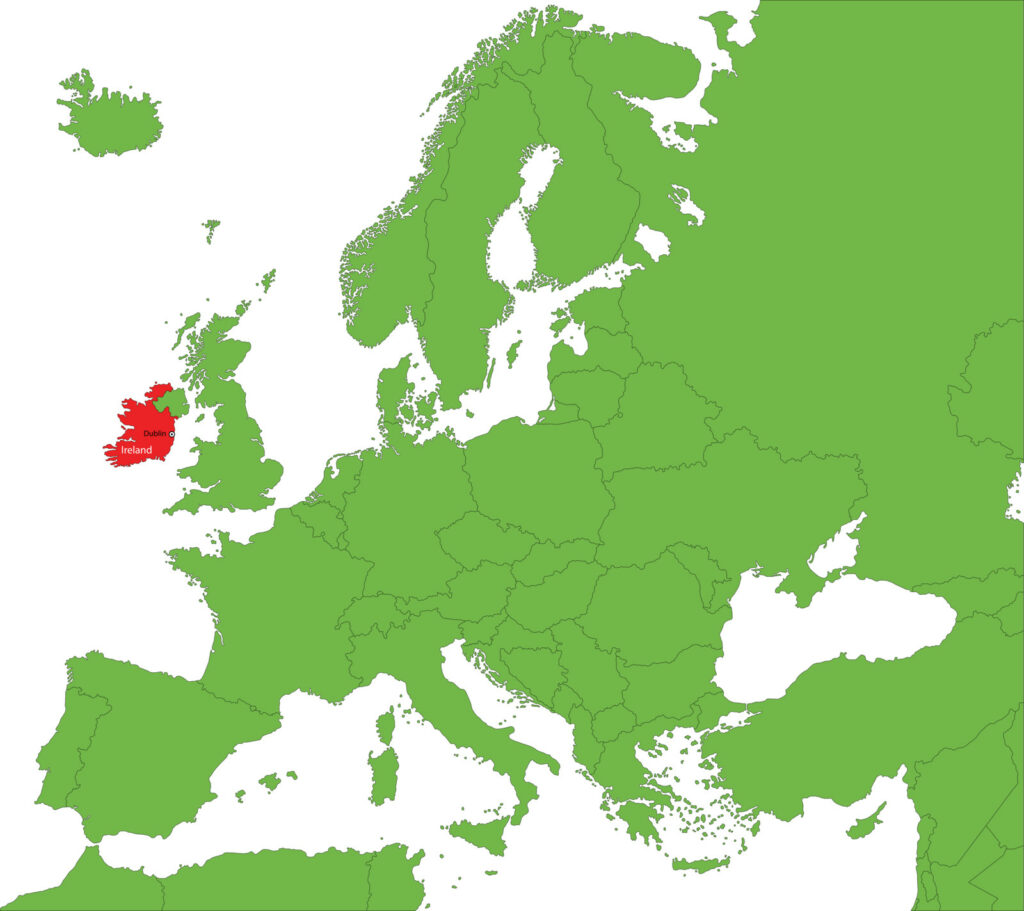 A map of Europe with Ireland highlighted in red.