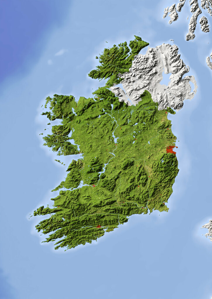 A map of Ireland displays topography with green for low and white for high elevations, set against a blue sea background.