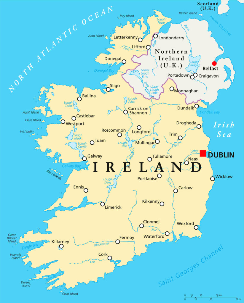 A political map displays Ireland's cities and regions, differentiating the Republic of Ireland and Northern Ireland by color.