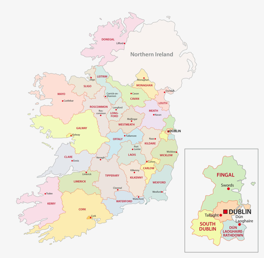 A map showing the regions of Ireland with various colors representing different areas, and an inset focusing on the Dublin region.