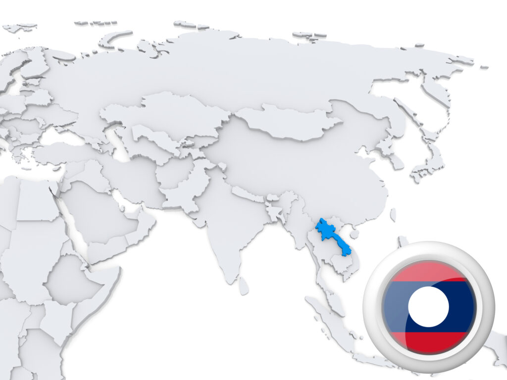 A 3D map of Asia, with Laos highlighted in blue, a Laos flag icon at the bottom right, and the rest in grayscale.