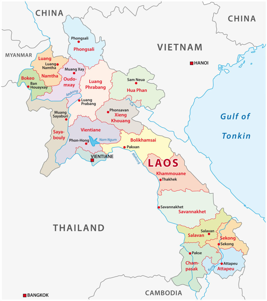 A color map of Laos and its provinces, labeling neighboring China, Vietnam, Cambodia, Thailand, and the Gulf of Tonkin.