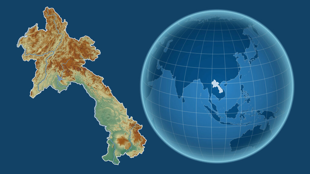 A digital composite image showing a topographic map of Laos beside a simplified globe highlighting Laos in white.