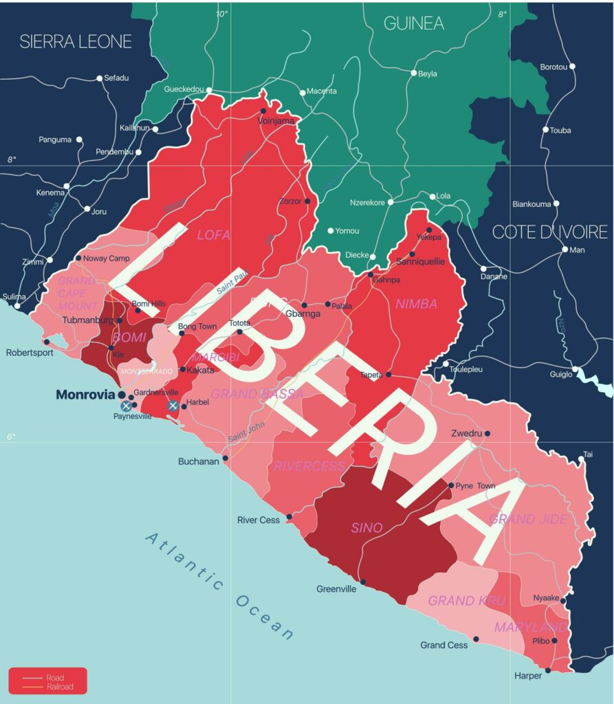 A color-coded map of Liberia, featuring its name, neighboring countries, and the Atlantic Ocean.