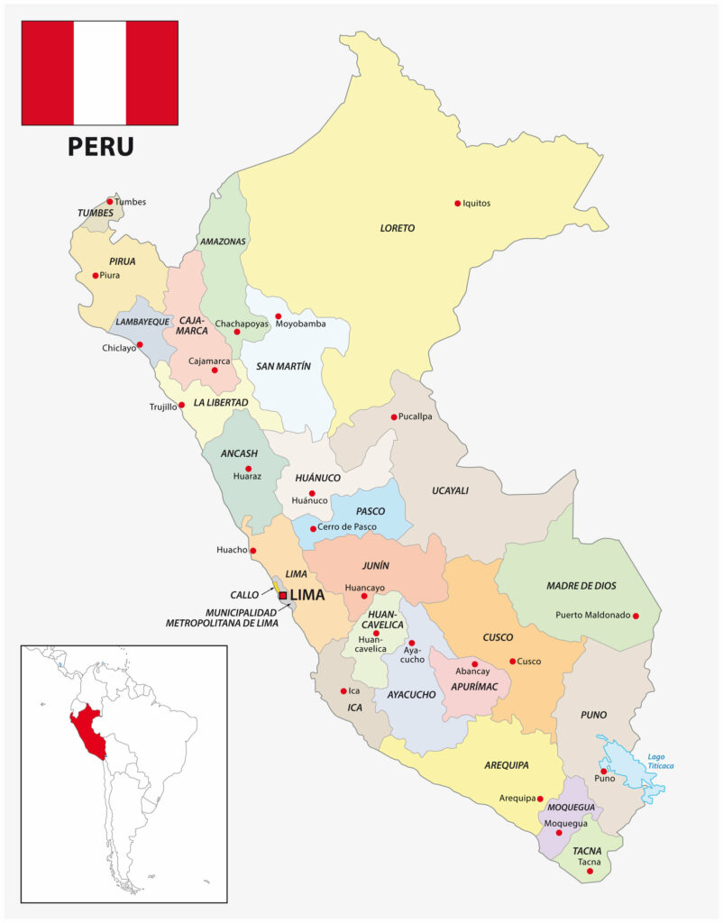 A color map of Peru displays cities, regions, and its location in South America, with a Peruvian flag included.