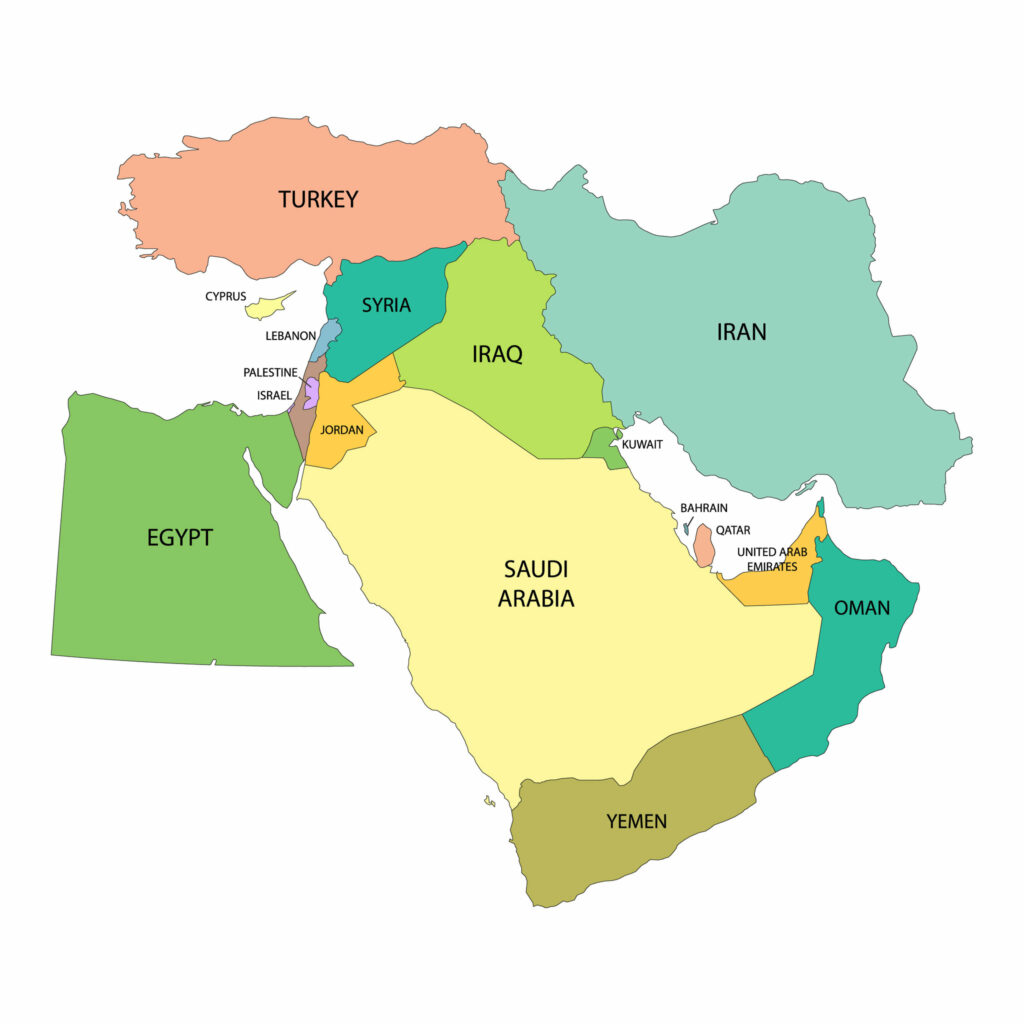 A color-coded map displays the Middle East, including countries like Turkey, Syria, Iraq, Iran, Saudi Arabia, Yemen, Oman, and Egypt.