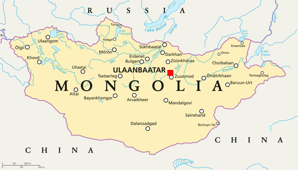 A map showing the country of Mongolia in yellow with surrounding countries in white, with the capital Ulaanbaatar marked by a red dot.