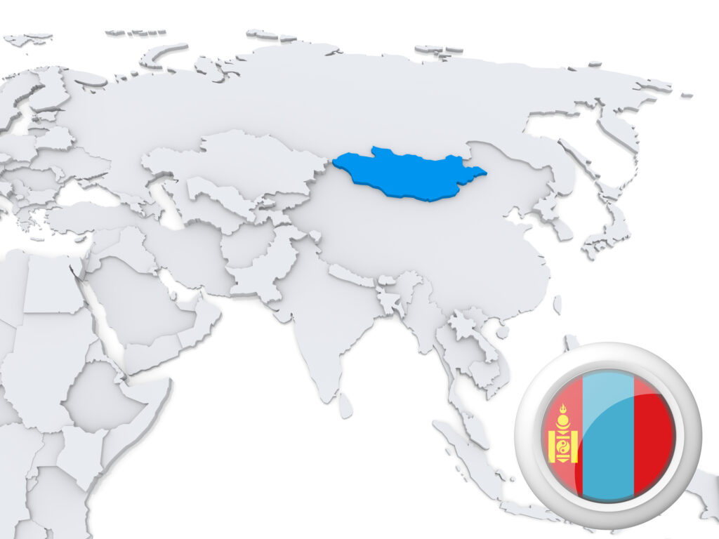 A 3D map of Asia features Mongolia in blue, neighboring nations in grey, and a magnifying glass showing Mongolia's flag.