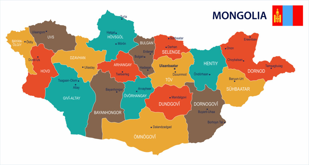 A vibrant map of Mongolia's provinces, each color-coded and labeled, with the national flag in the top right.