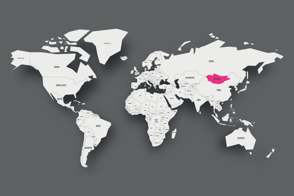 A world map with Mongolia highlighted in pink.