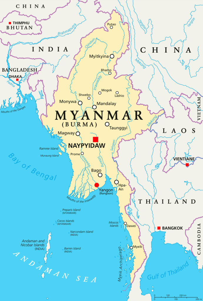 A low-resolution map of Myanmar showing major cities, rivers, and neighboring countries.