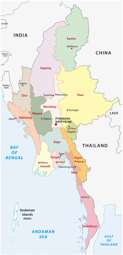 A low-resolution map showing the regions of Myanmar, bordered by India, China, and Thailand, with various colors representing different regions.