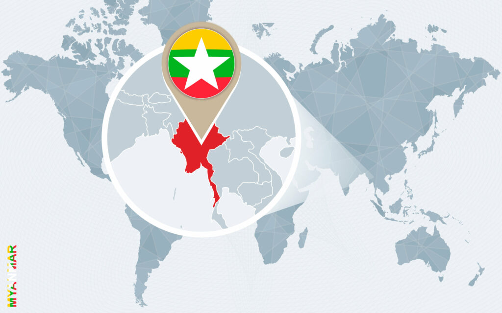 A world map highlighting the country of Myanmar with a location pin featuring the flag of Myanmar.