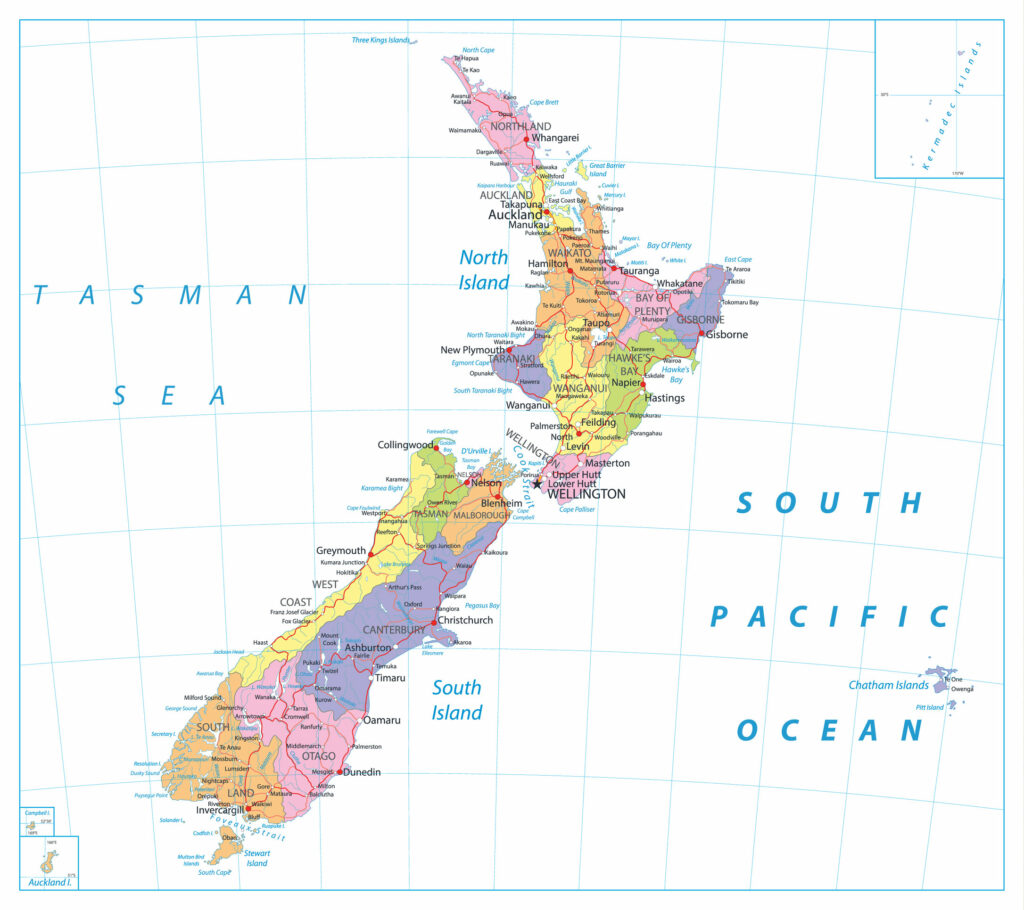 A colored political map of New Zealand's North and South Islands, bordered by the Tasman Sea and South Pacific Ocean.