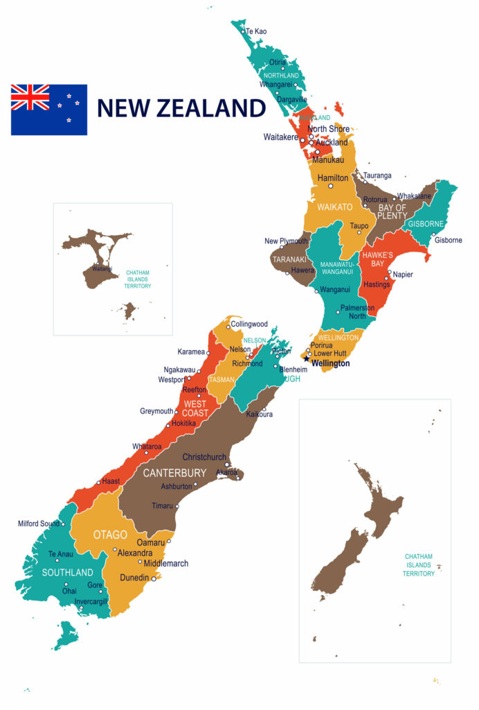 A labeled, colorful map of New Zealand with the national flag, including insets of the Chatham and Stewart Islands.