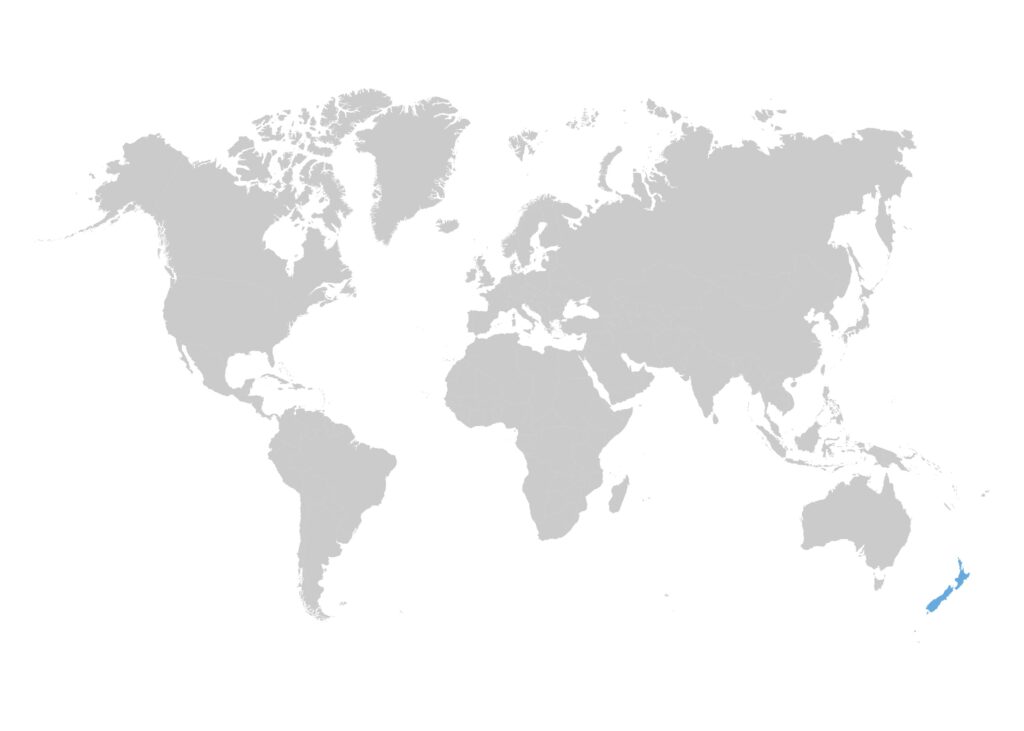 A  world map highlighting New Zealand in blue on the lower right side.