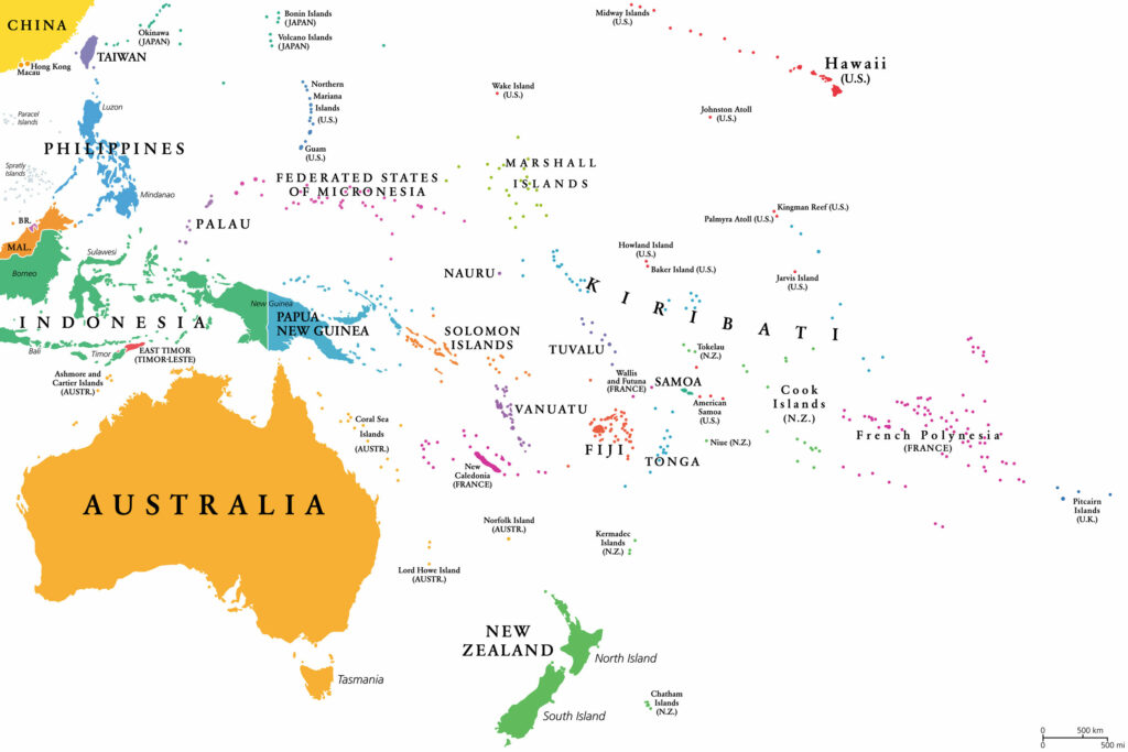 A low-resolution political map of Oceania showing individual countries with Australia and New Zealand highlighted in different colors.