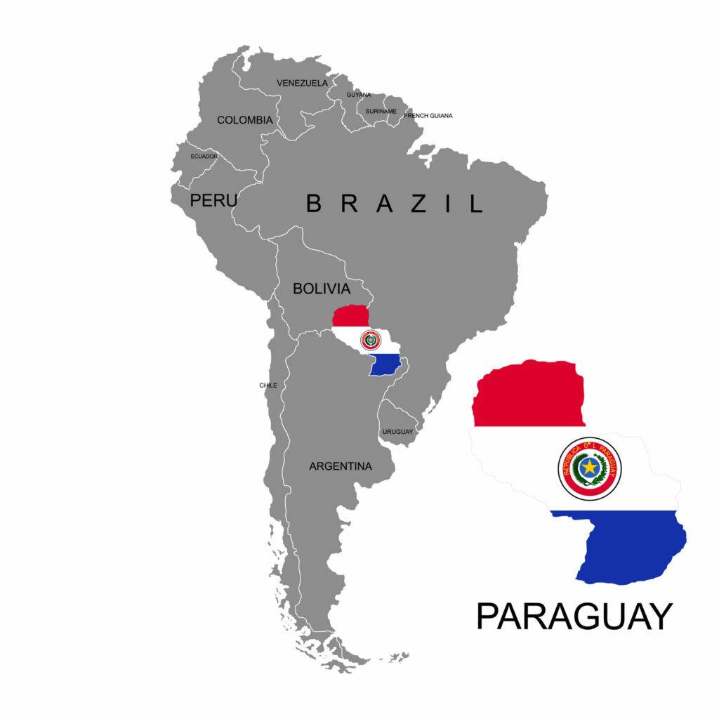 A map of South America features Paraguay in red, bordered by Brazil, Bolivia, and Argentina, with a detailed Paraguay flag inset.