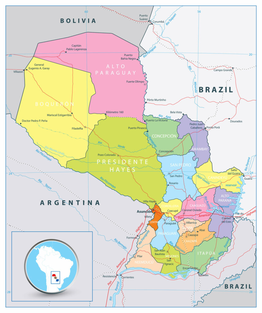 A political map of Paraguay, highlighting regions and neighboring countries, with an inset map showing its South American location.