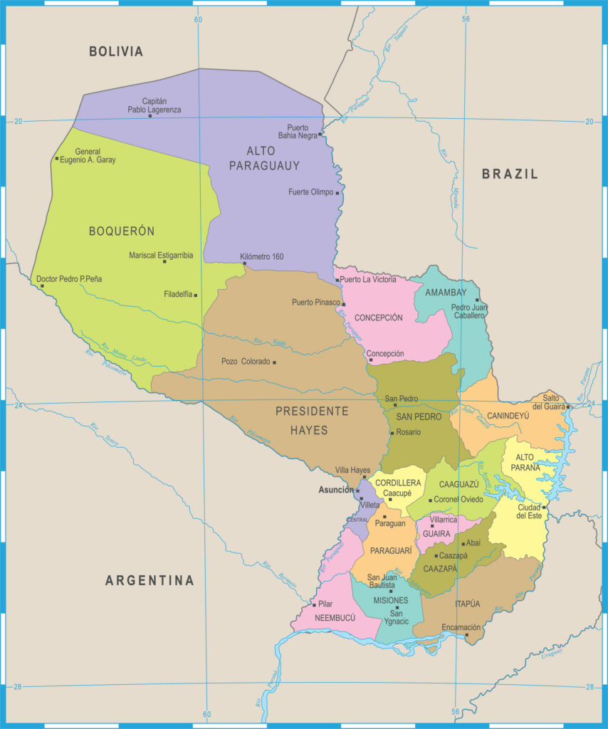 A color-coded map showing the regions of Paraguay with labels, bordered by Bolivia, Brazil, and Argentina. The map is low detail and small in size.