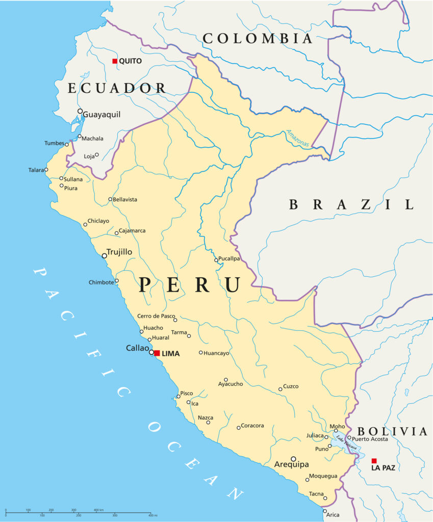 A political map of Peru showing country borders, major cities, and neighboring countries with the Pacific Ocean to the west.