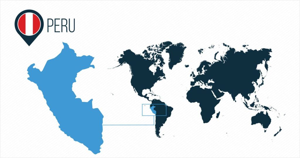 A world map highlighting the country of Peru with an inset showing a closer view of Peru's outline. The Peru national flag is also depicted.