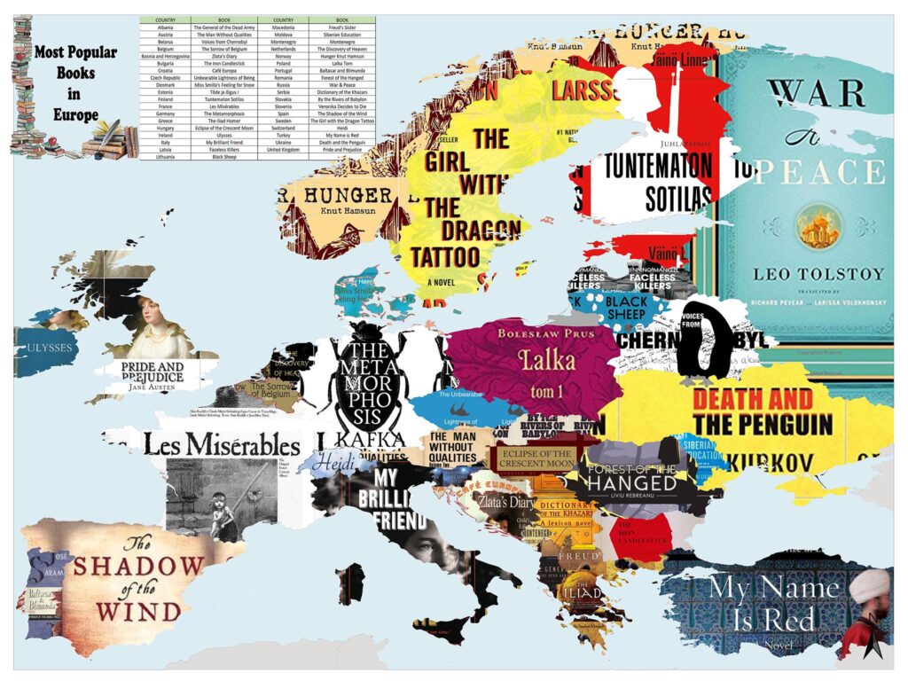 A colorful map of Europe with book covers and titles superimposed over the countries they are associated with.