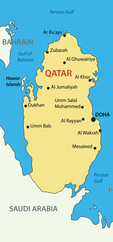 A colored map of Qatar shows main cities and borders with Bahrain and Saudi Arabia, marked with black dots.