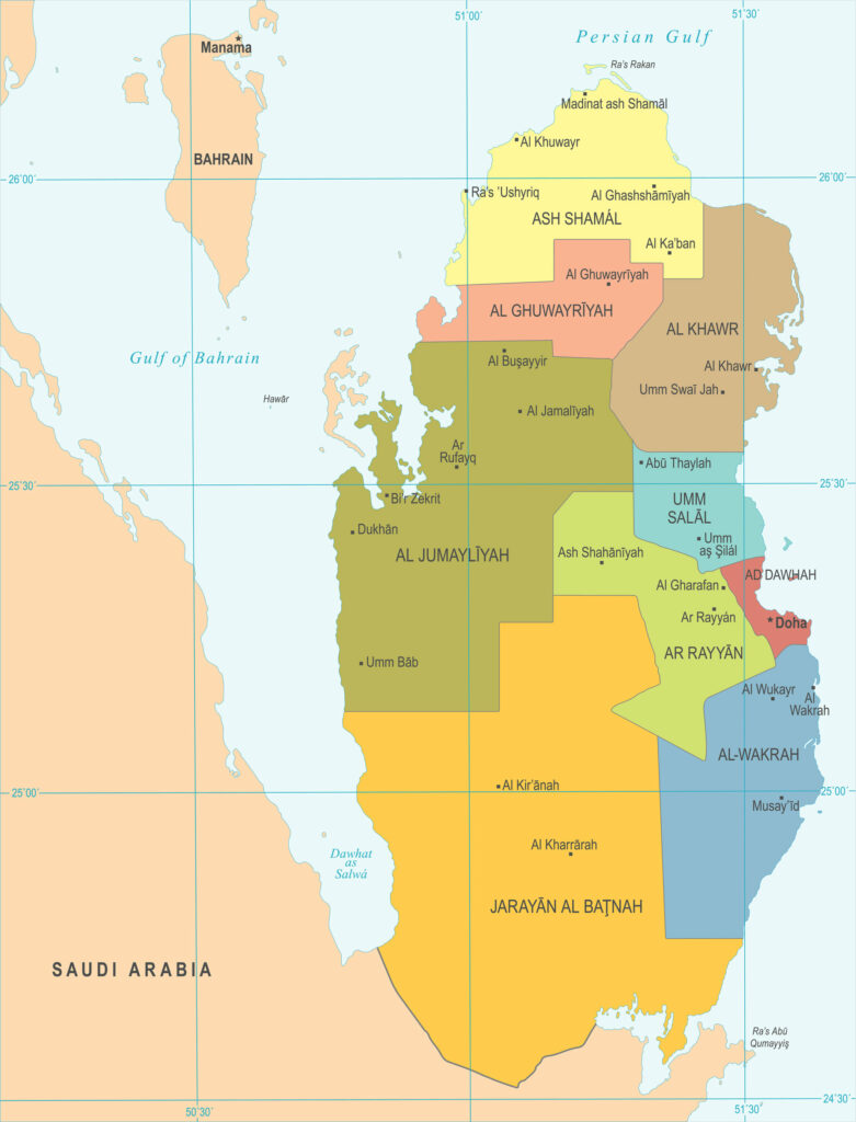 A political map of Qatar, color-coded by region, with major cities and borders with Saudi Arabia and the Persian Gulf marked.