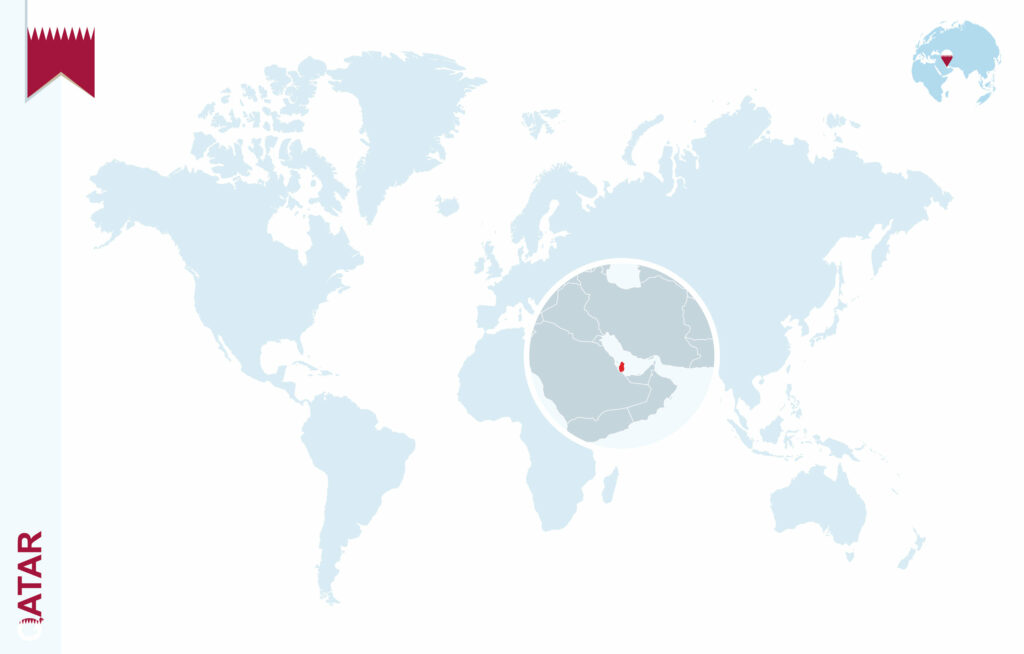 A world map highlighting the country of Qatar with a red dot and a circular zoom-in, accompanied by the flag of Qatar in the upper left corner.