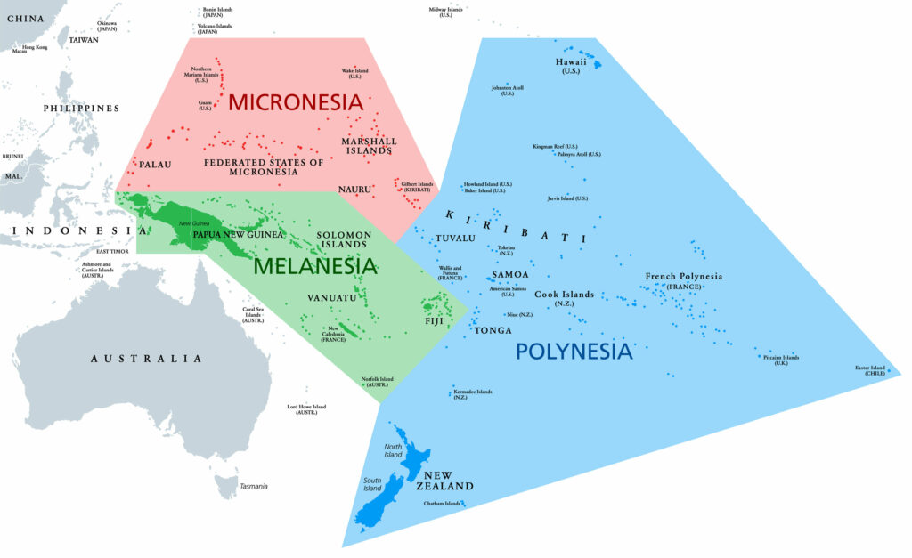 A color-coded map showing the regions of Oceania, including Micronesia, Melanesia, and Polynesia, with Australia visible at the bottom left corner.