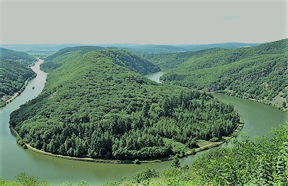 A scenic view of a river meandering through a densely forested landscape with hills.