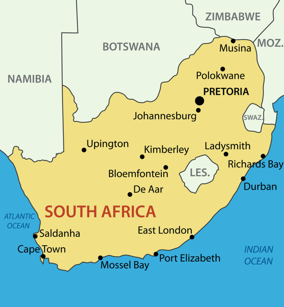 A map highlights South Africa in yellow, marking main cities like Johannesburg, Pretoria, Cape Town, and Durban. Surrounding areas are labeled.