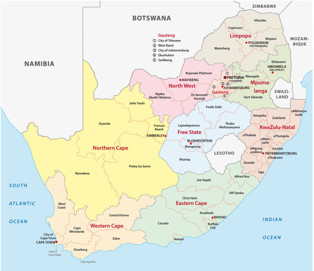 A color-coded map of South Africa, bordered by Namibia, Botswana, Mozambique, and two oceans.