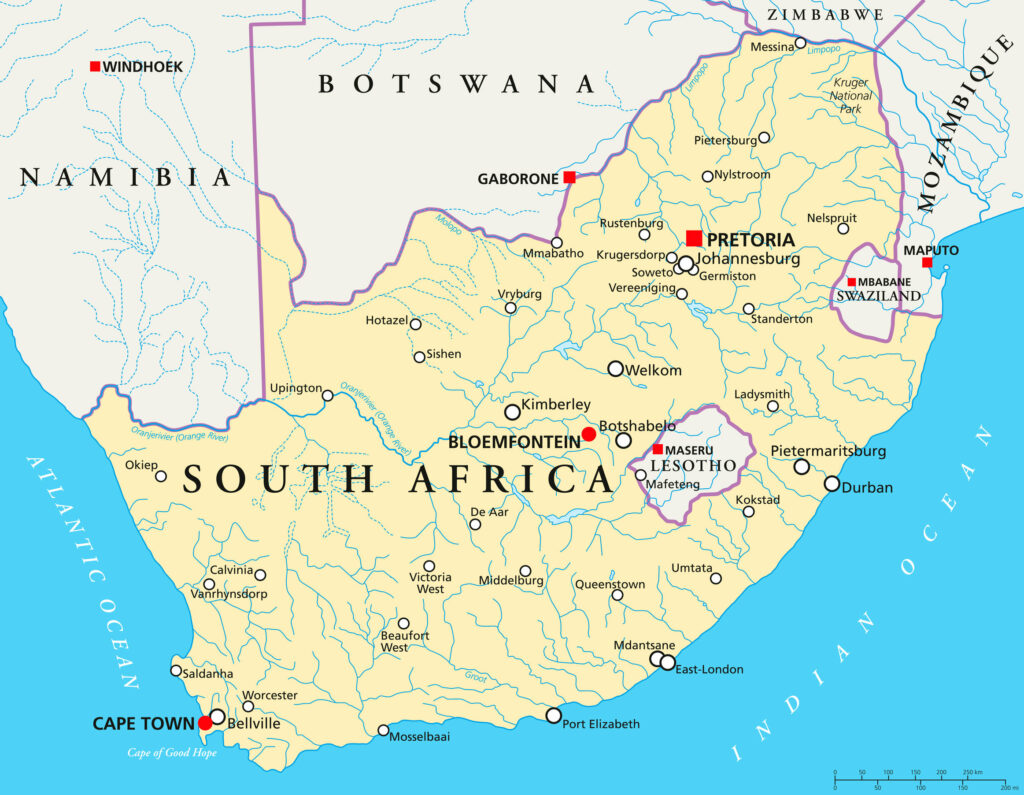 A political map of South Africa showing provincial boundaries, major cities, and neighboring countries.