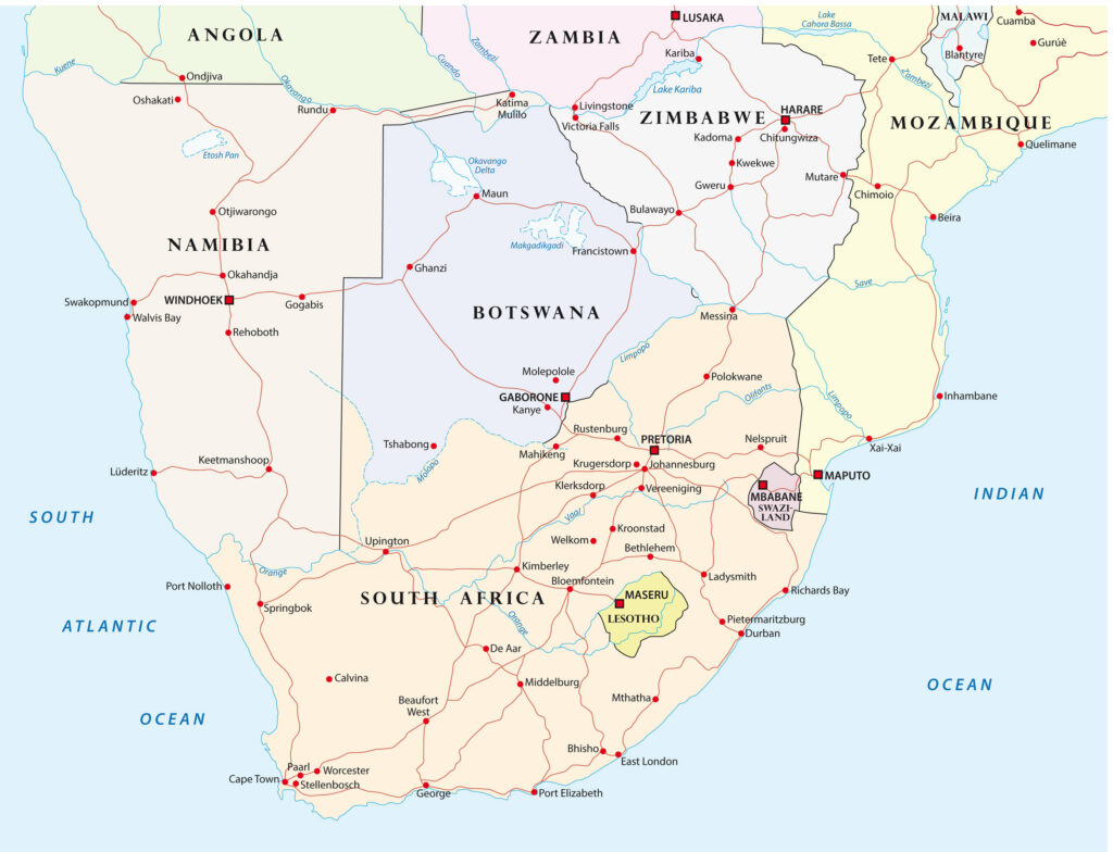 An image of a road map of South Africa, showing major highways, some cities, and neighboring countries.